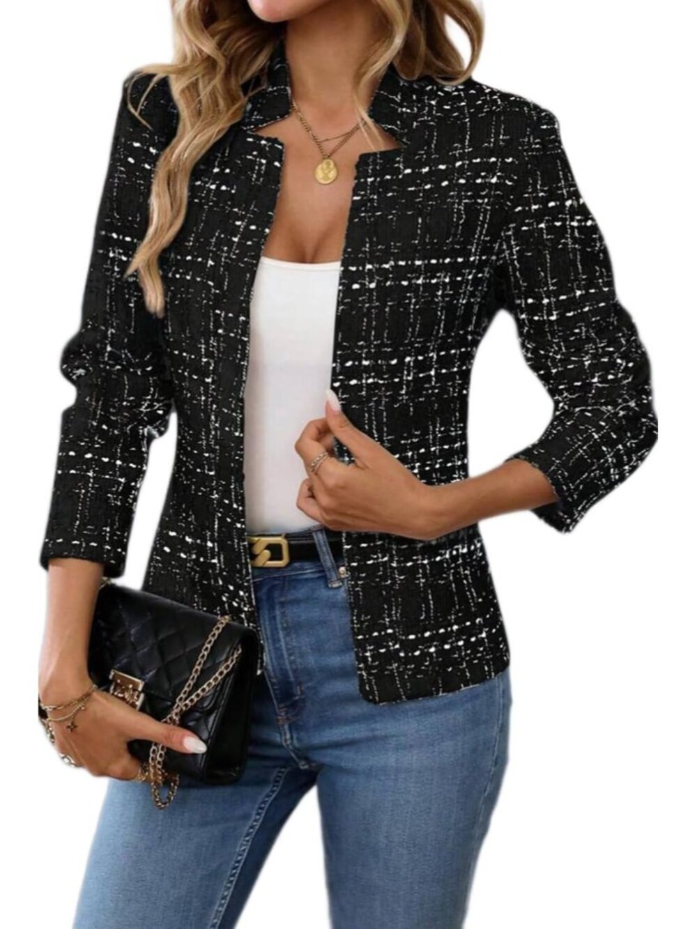 〽️Women's Black Tweed Open Front Long Sleeve Notch Collar Casual Business Blazer